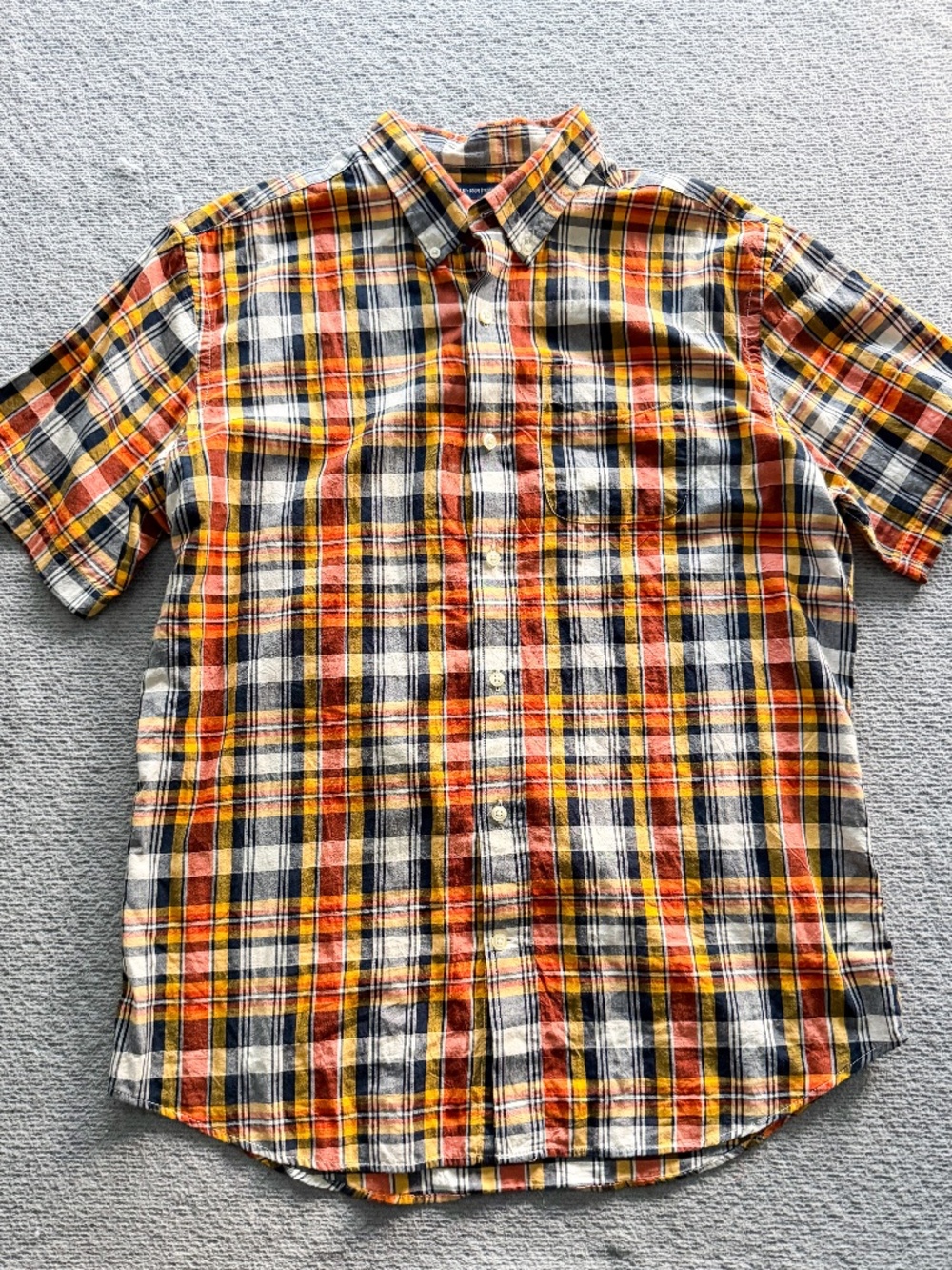 Old Navy Men’s Plaid Button Down Shirt Orange Navy Slim Fit Short Sleeve Large